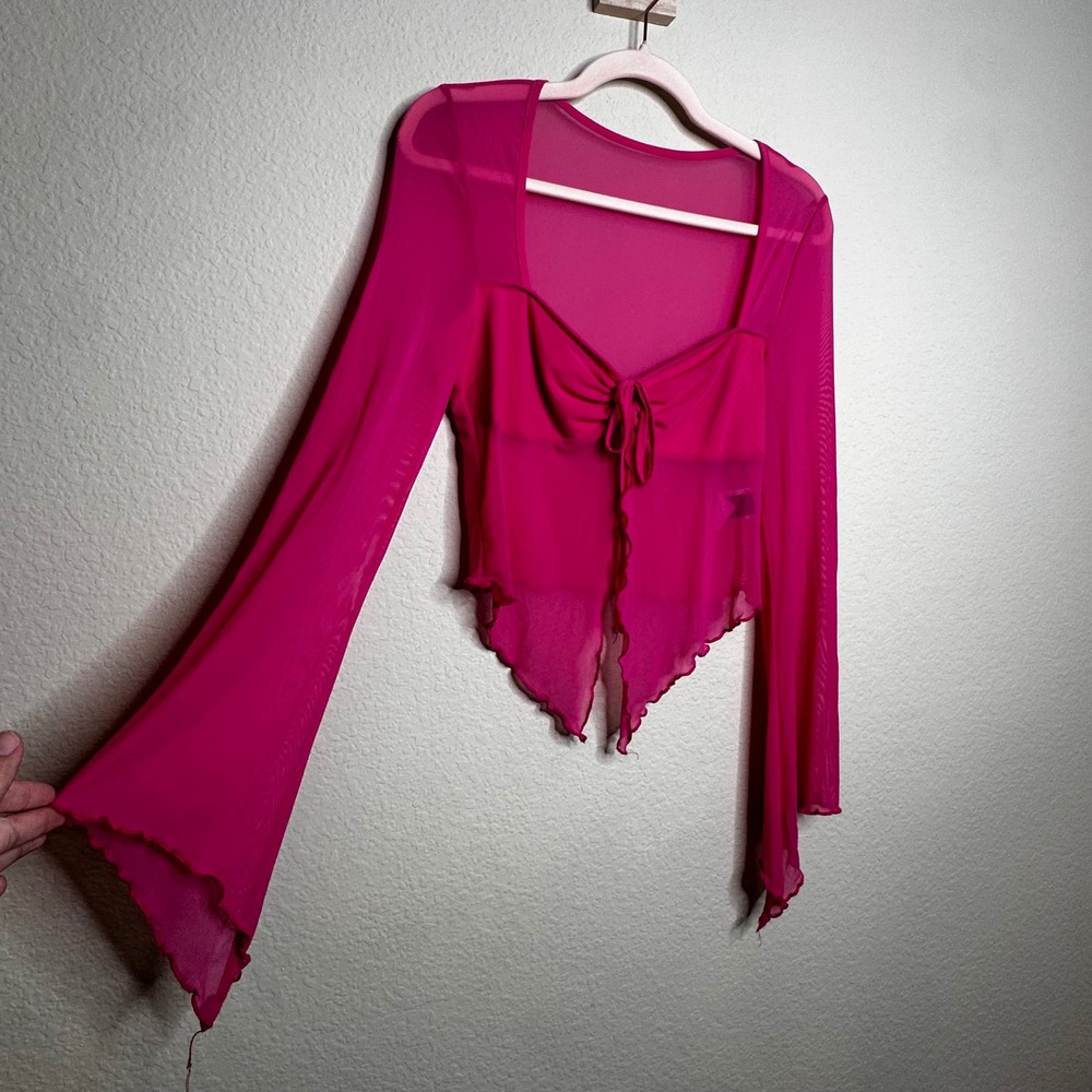 Hot Pink Mesh Tie Front Handkerchief Hem Bell Sleeve Top Large Y2K Blouse Barbie